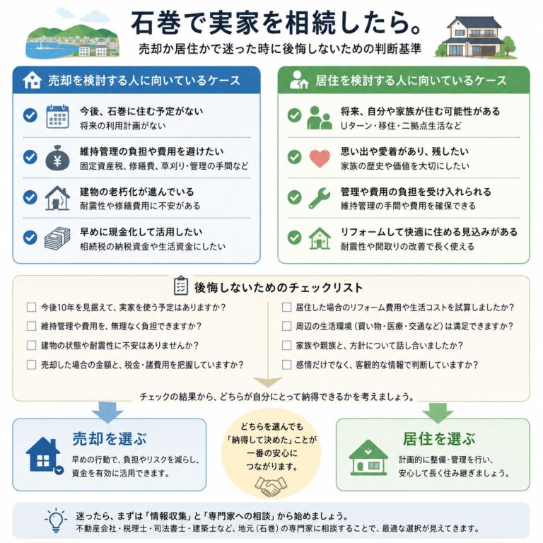 石巻で実家を相続したら。売却か居住かで迷った時に後悔しないための判断基準