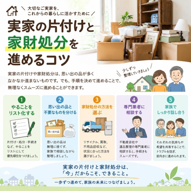 石巻市で実家の片付けと家財処分を進めるコツ。新築や売却の前に知っておきたい手順と費用を抑えるポイント