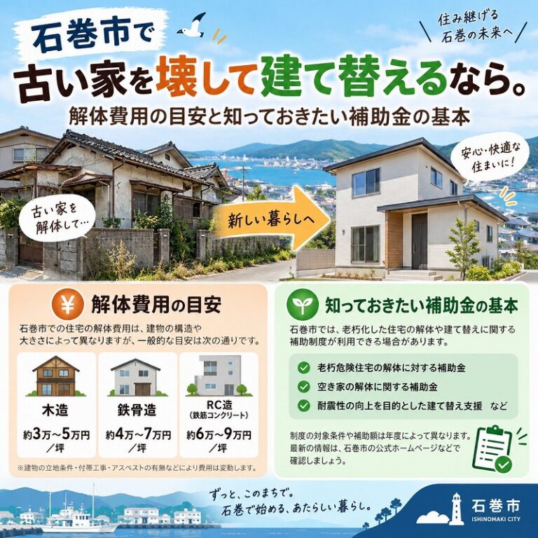 石巻市で古い家を壊して建て替えるなら。解体費用の目安と知っておきたい補助金の基本
