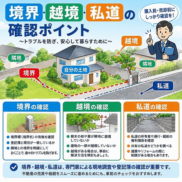 石巻市で土地を買う前に知っておきたい「境界・越境・私道」の確認ポイント
